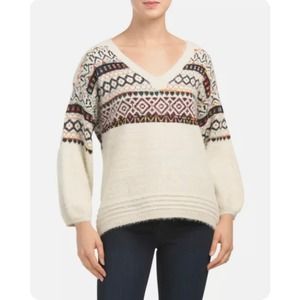 Cocoblue Fuzzy V-Neck Fair Isle Sweater in Cream Size XL